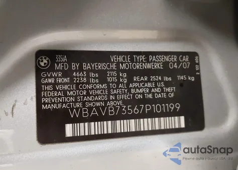 2007 BMW 335I z USA, uszkodzony, nr VIN WBAVB73567P101199